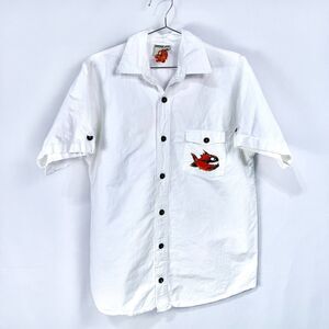 Pirana Joe Mens L Button up Short Sleeve Shirt Antigua Caribbean Fish Logo